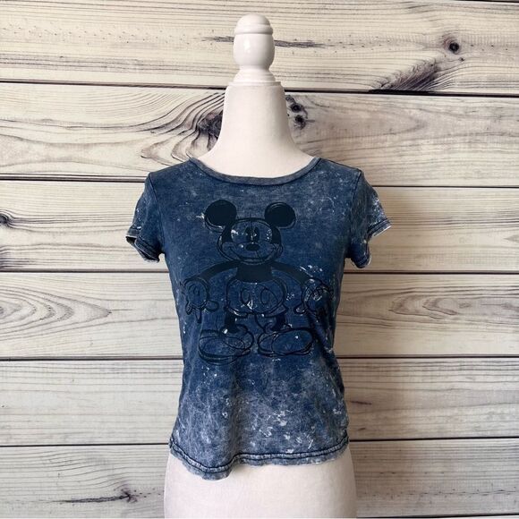 Disney Mickey Mouse Blue Distressed Acid Wash Cropped T-Shirt - Picture 1 of 7